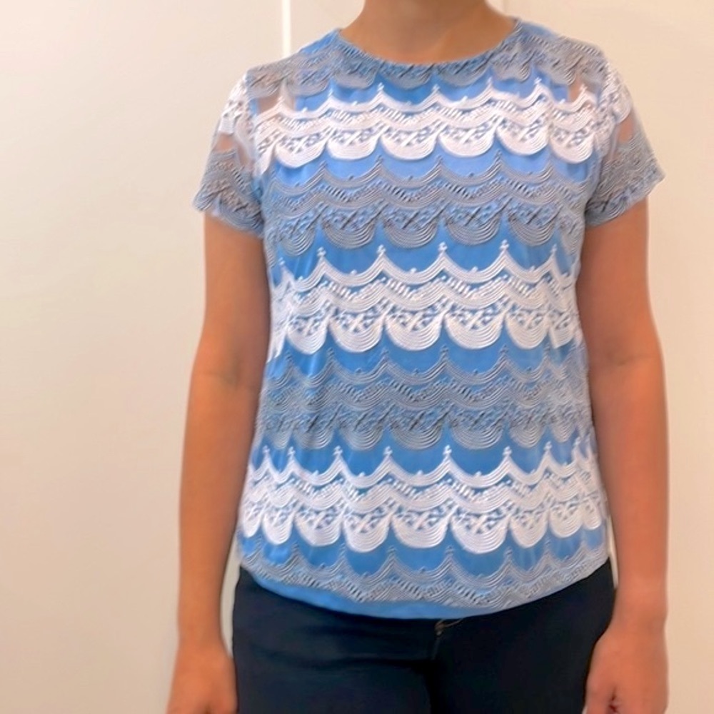 Zink London scalloped lace pattern blue blouse size S